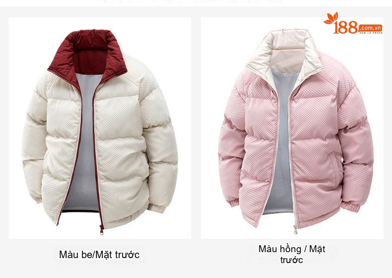 Áo Khoác Phao Cotton Lót Lông Cổ Trụ Unisex Dáng Rộng Giữ Ấm Màu Trắng, Xanh Dương, Hồng, Đen... chi tiết 12
