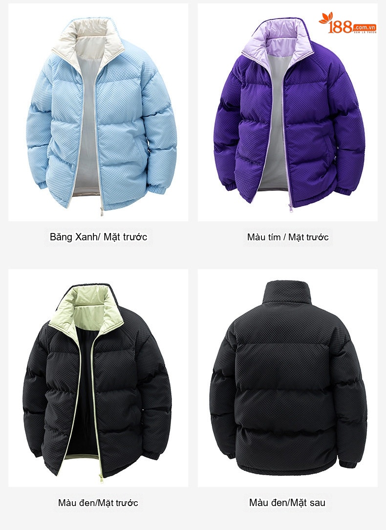 Áo Khoác Phao Cotton Lót Lông Cổ Trụ Unisex Dáng Rộng Giữ Ấm Màu Trắng, Xanh Dương, Hồng, Đen... chi tiết 13