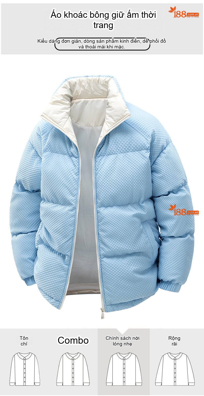 Áo Khoác Phao Cotton Lót Lông Cổ Trụ Unisex Dáng Rộng Giữ Ấm Màu Trắng, Xanh Dương, Hồng, Đen... chi tiết 2