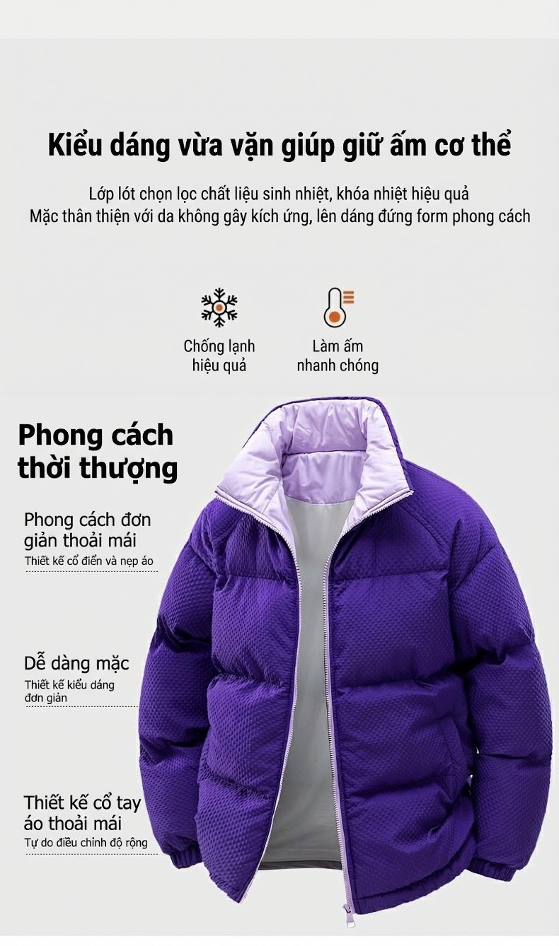 Áo Khoác Phao Cotton Lót Lông Cổ Trụ Unisex Dáng Rộng Giữ Ấm Màu Trắng, Xanh Dương, Hồng, Đen... chi tiết 5