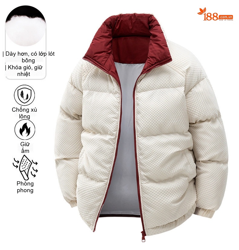 Áo Khoác Phao Cotton Lót Lông Cổ Trụ Unisex Dáng Rộng Giữ Ấm Màu Trắng, Xanh Dương, Hồng, Đen... chi tiết 1