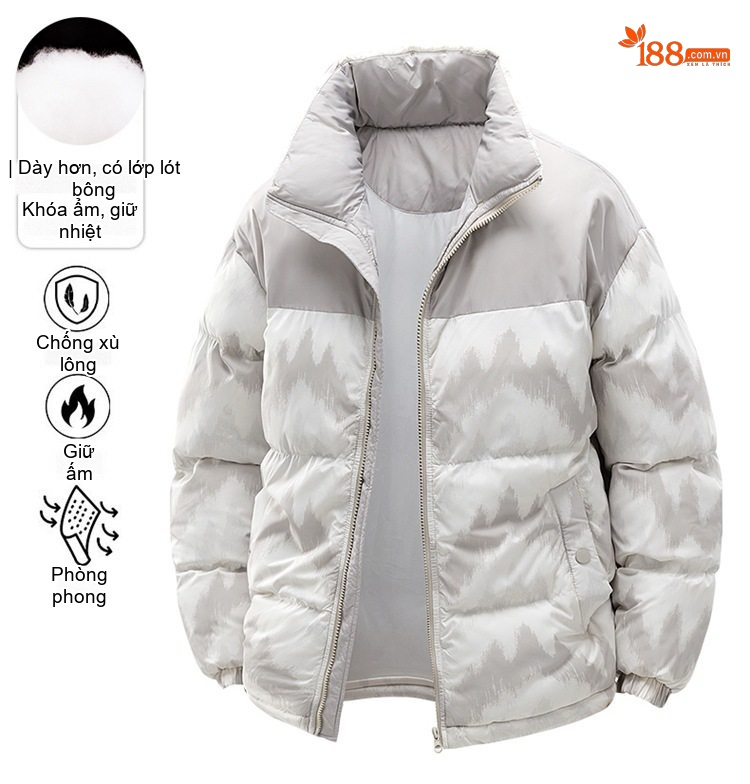 Áo Khoác Phao Cotton Nam Nữ Mẫu Dáng Rộng Mùa Đông Chống Gió Giữ Ấm Dày Dặn Màu Đen, Trắng chi tiết 1