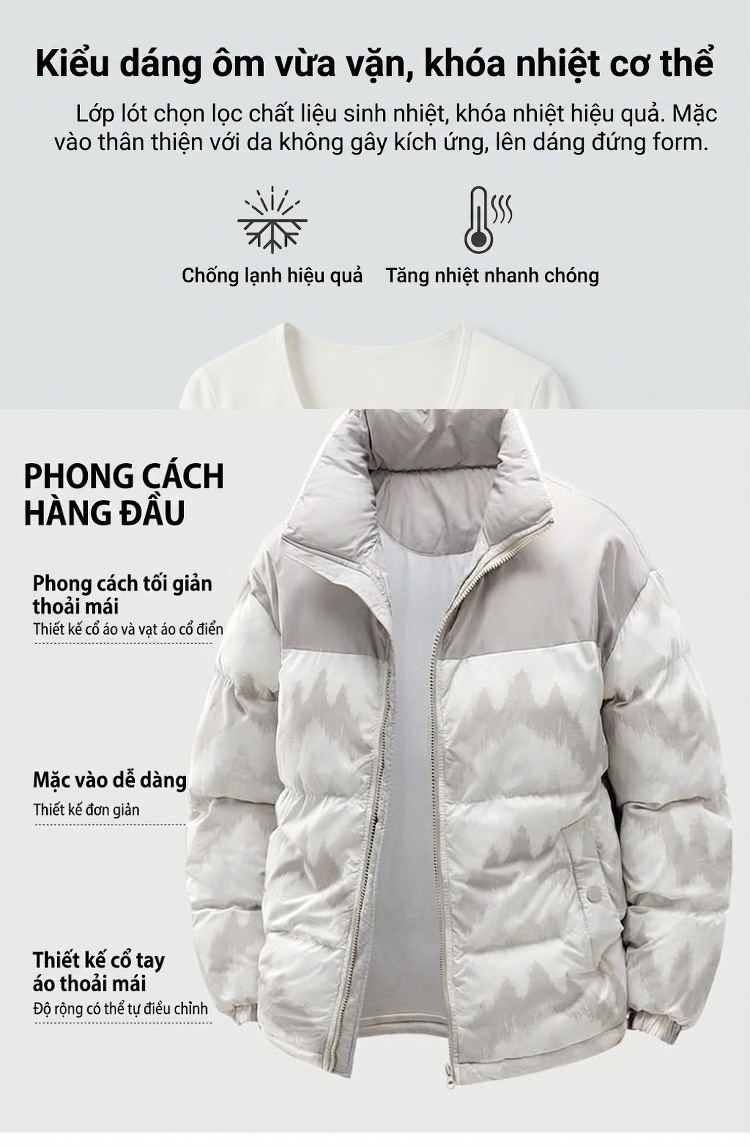 Áo Khoác Phao Cotton Nam Nữ Mẫu Dáng Rộng Mùa Đông Chống Gió Giữ Ấm Dày Dặn Màu Đen, Trắng chi tiết 5
