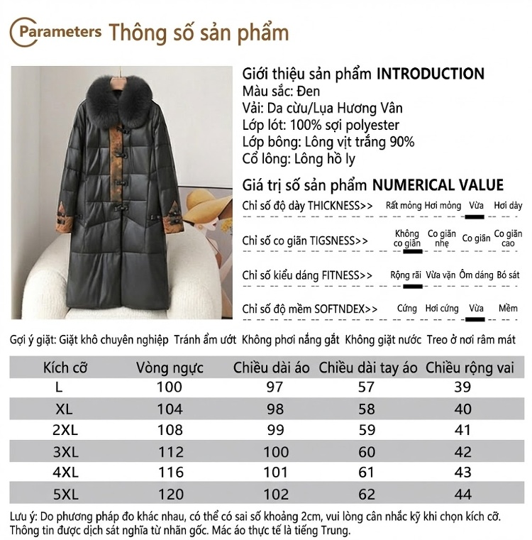 Áo Khoác Phao Da Cừu Dáng Dài Cổ Lông Cáo Phong Cách Quốc Phong Màu Đen chi tiết 3