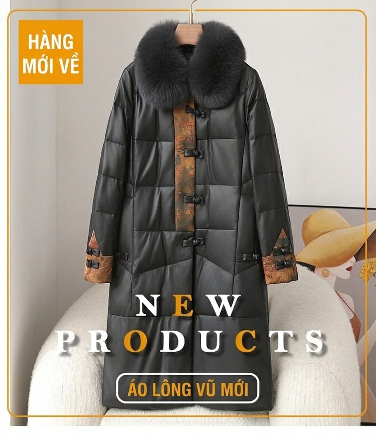 Áo Khoác Phao Da Cừu Dáng Dài Cổ Lông Thú Phong Cách Cổ Điển Màu Đen chi tiết 1