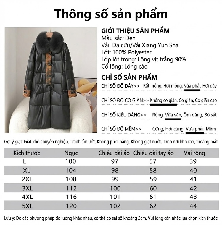 Áo Khoác Phao Da Cừu Dáng Dài Cổ Lông Thú Phong Cách Cổ Điển Màu Đen chi tiết 3