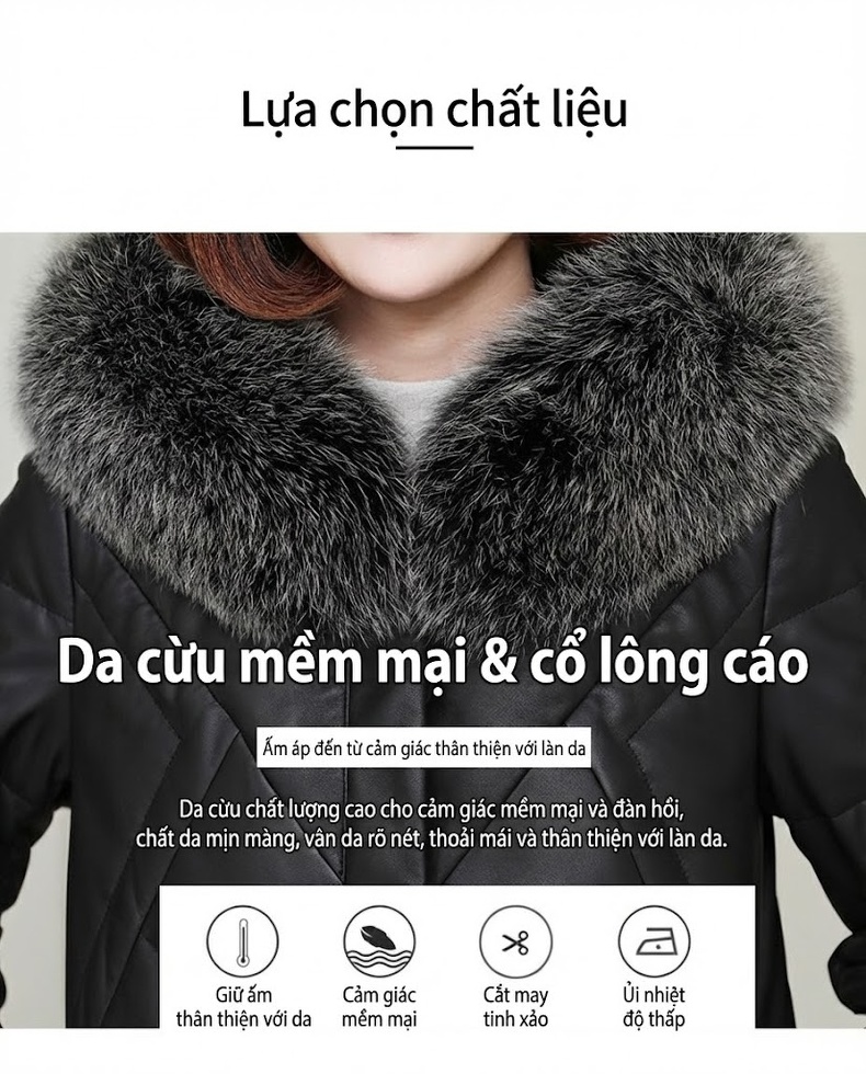 Áo Khoác Phao Da Cừu Dáng Dài Vừa Cổ Lông Thú Dày Dặn Màu Đen chi tiết 4