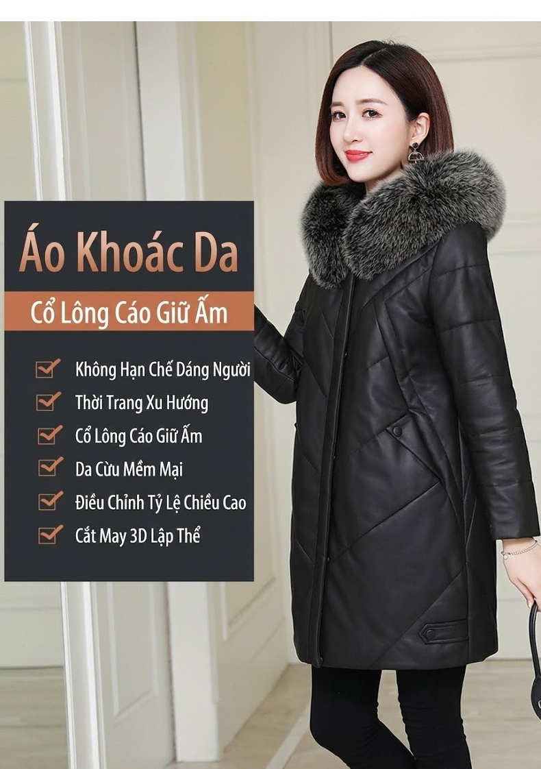 Áo Khoác Phao Da Cừu Dáng Dài Vừa Cổ Lông Thú Dày Dặn Màu Đen chi tiết 1