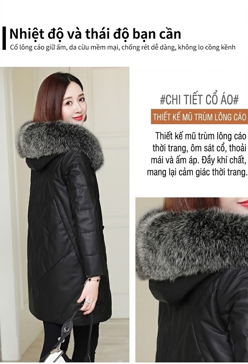 Áo Khoác Phao Da Cừu Dáng Dài Vừa Cổ Lông Thú Dày Dặn Màu Đen chi tiết 2