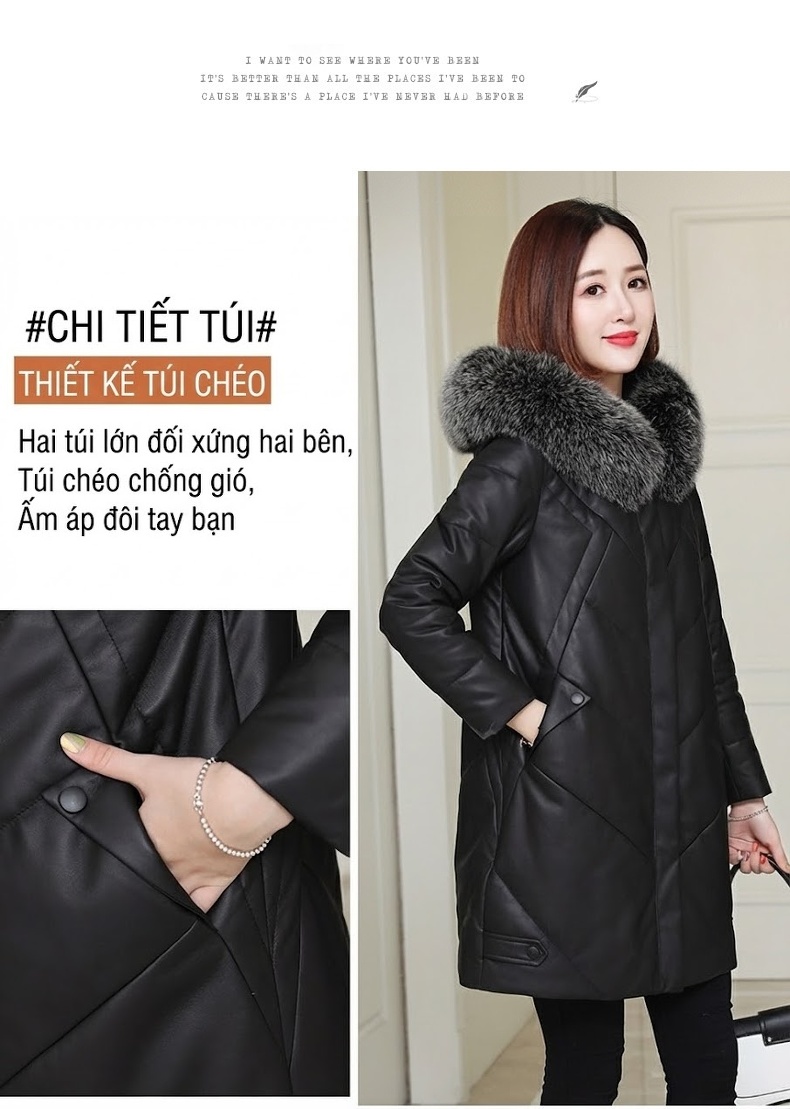 Áo Khoác Phao Da Cừu Dáng Dài Vừa Cổ Lông Thú Dày Dặn Màu Đen chi tiết 3