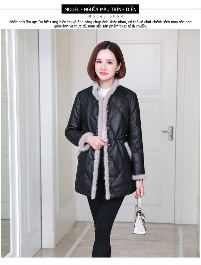 Áo Khoác Phao Da Cừu Dáng Dài Vừa Lông Chồn Phong Cách Thời Trang Màu Đen chi tiết 3