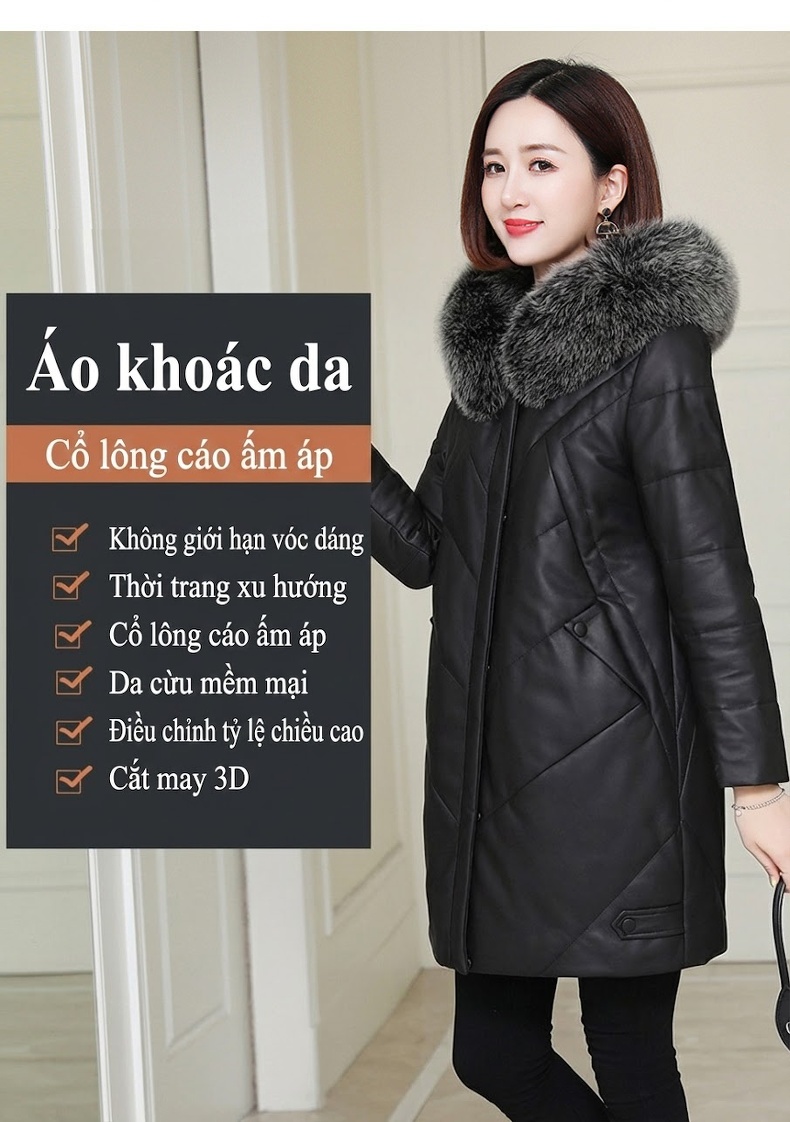 Áo Khoác Phao Da Cừu Dáng Dài Vừa Nữ Cổ Lông Thú Dày Dặn Màu Đen chi tiết 2