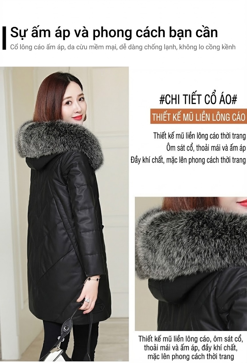 Áo Khoác Phao Da Cừu Dáng Dài Vừa Nữ Cổ Lông Thú Dày Dặn Màu Đen chi tiết 3