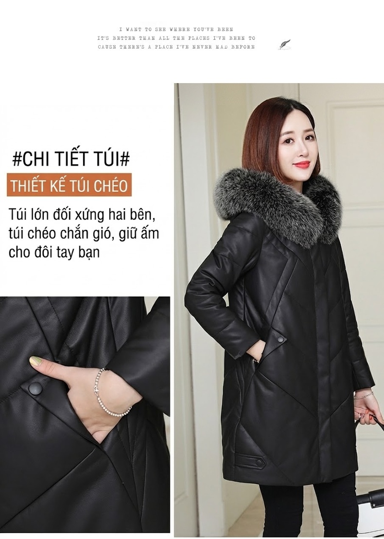 Áo Khoác Phao Da Cừu Dáng Dài Vừa Nữ Cổ Lông Thú Dày Dặn Màu Đen chi tiết 4