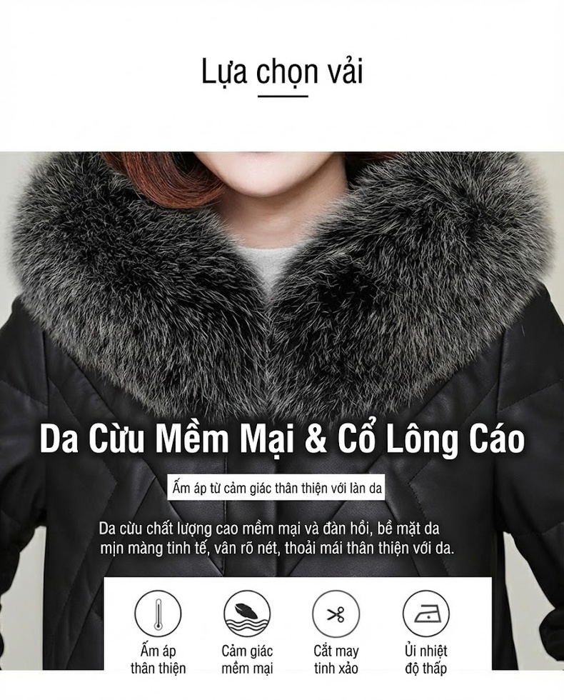 Áo Khoác Phao Da Cừu Dáng Dài Vừa Nữ Cổ Lông Thú Dày Dặn Màu Đen chi tiết 5
