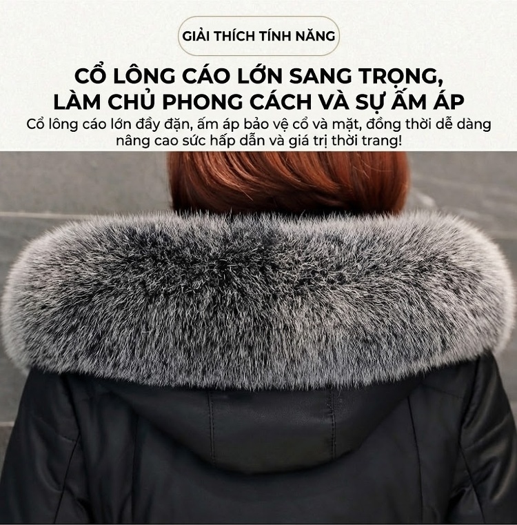 Áo Khoác Phao Da Cừu Nữ Dáng Dài Trung Niên Cổ Lông Thú Có Mũ Màu Đen chi tiết 2