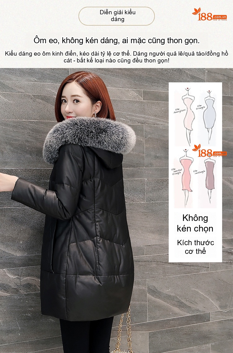 Áo Khoác Phao Da Thật Dáng Dài Nữ Lông Cổ Áo Lông Thú Màu Đen chi tiết 3