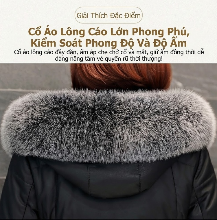Áo Khoác Phao Da Thật Dáng Dài Nữ Lông Cổ Áo Lông Thú Màu Đen chi tiết 2