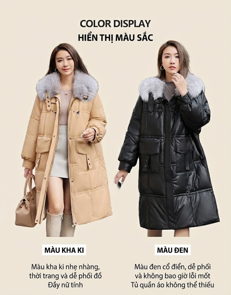 Áo Khoác Phao Dáng Dài Nữ Da Cừu Cổ Lông Cáo Màu Đen, Be chi tiết 1