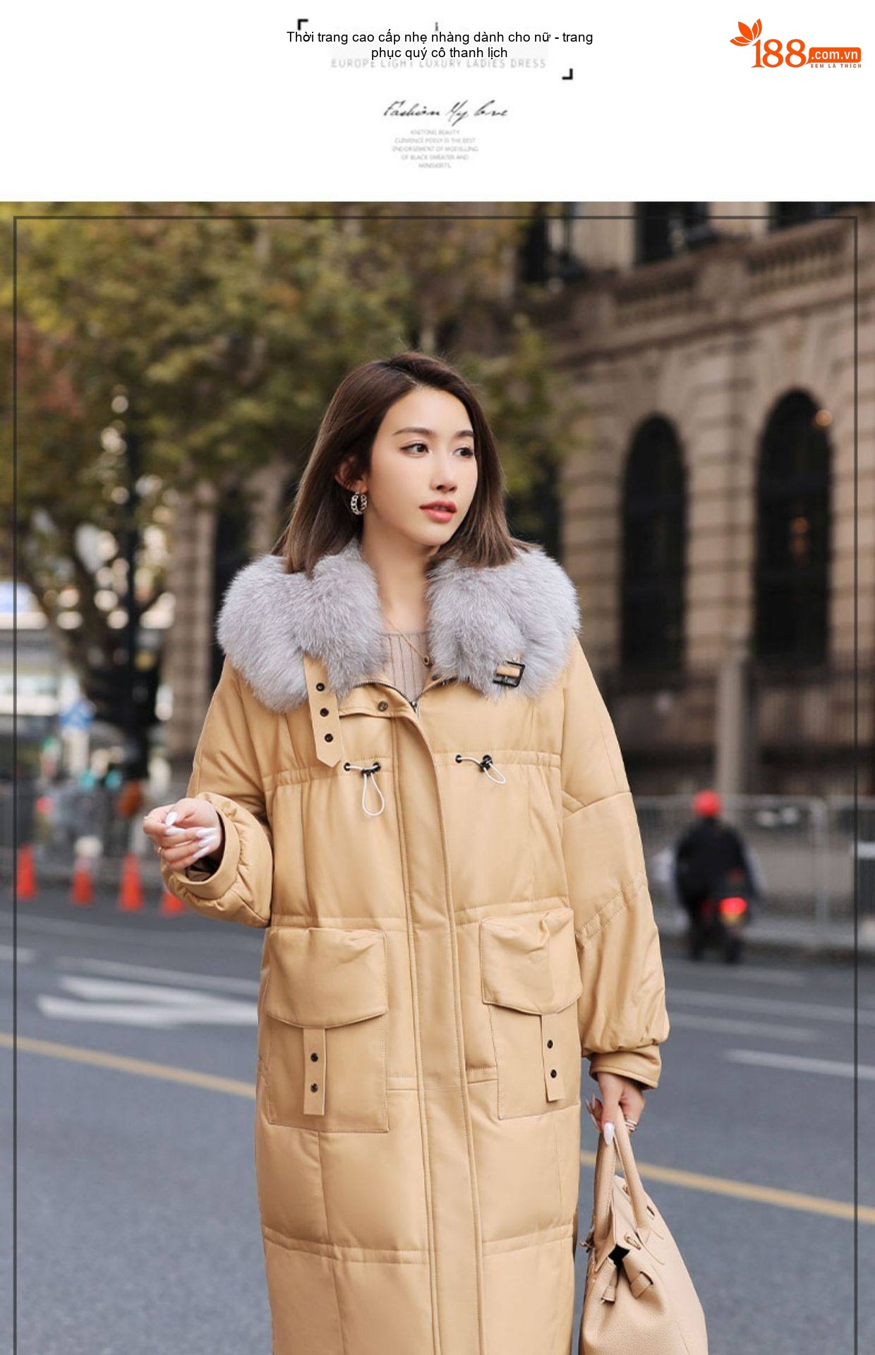 Áo Khoác Phao Dáng Dài Nữ Da Cừu Cổ Lông Cáo Màu Đen, Be chi tiết 27