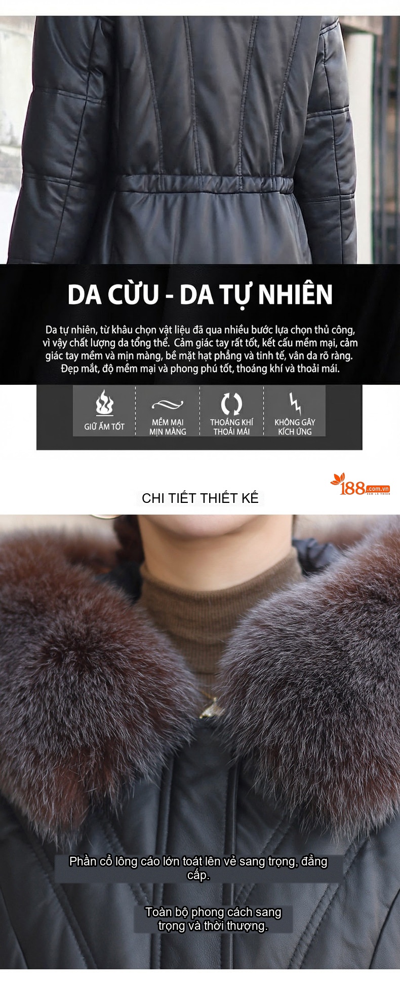 Áo Khoác Phao Dáng Dài Nữ Da Cừu Lót Lông Ngỗng Mũ Trùm Đầu Màu Đen, Trắng chi tiết 2