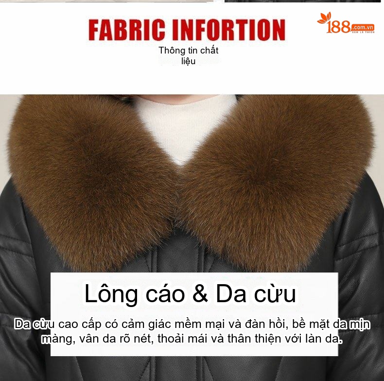 Áo Khoác Phao Dáng Dài Nữ Da Cừu Lót Lông Vũ Cổ Lông Cáo Giữ Ấm Màu Đen chi tiết 2