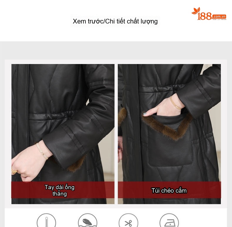 Áo Khoác Phao Dáng Dài Nữ Da Cừu Ôm Dáng Viền Lông Cáo Màu Đen chi tiết 4