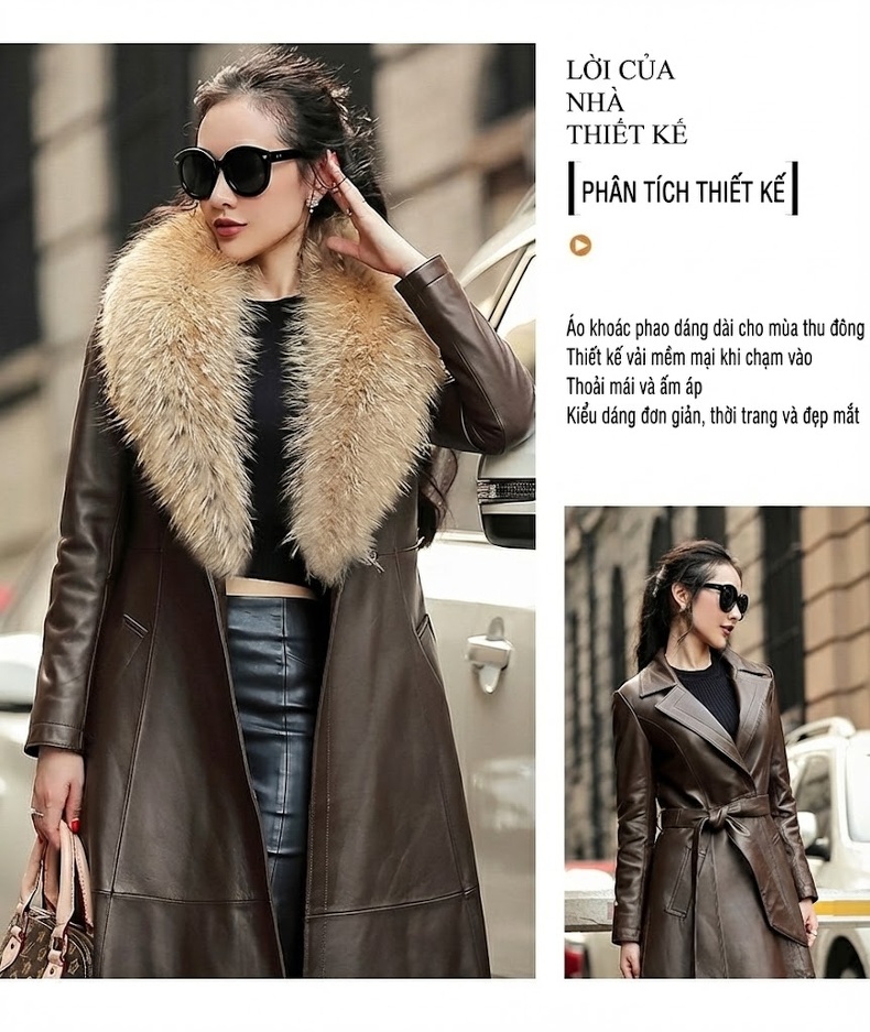 Áo Khoác Phao Dáng Dài Nữ Da Cừu Thật Cổ Lông Raccoon Ôm Dáng Màu Nâu chi tiết 2