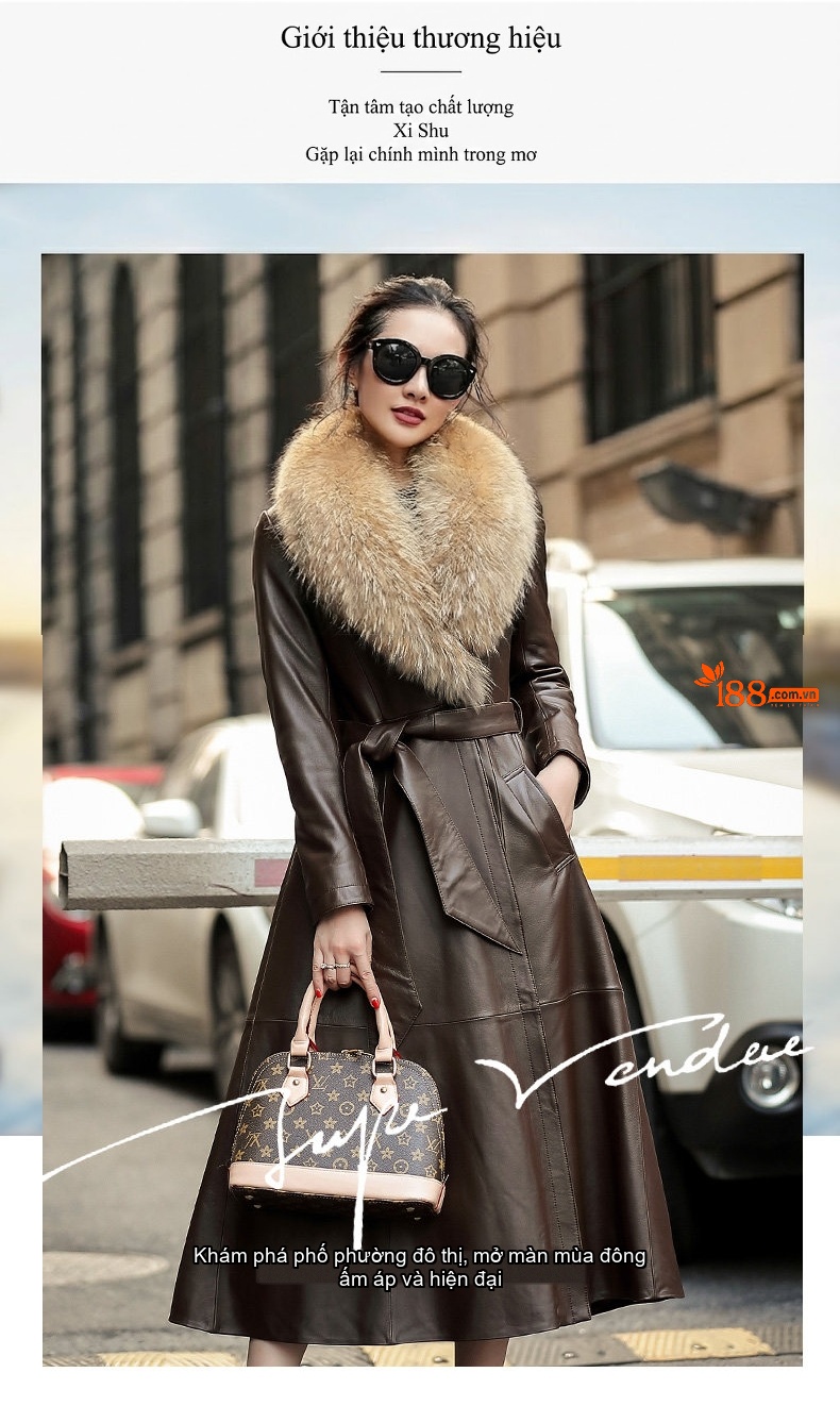 Áo Khoác Phao Dáng Dài Nữ Da Cừu Thật Cổ Lông Raccoon Ôm Dáng Màu Nâu chi tiết 1