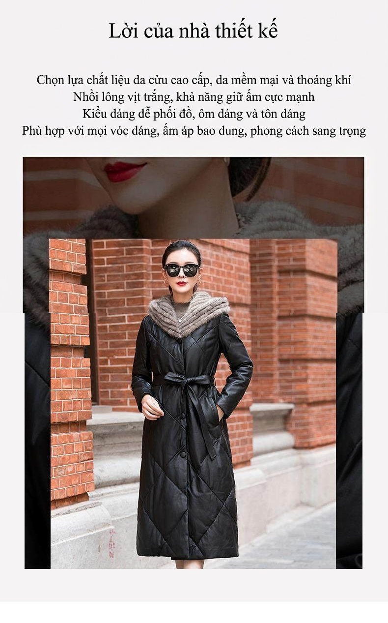 Áo Khoác Phao Dáng Dài Nữ Da Cừu Thật Có Mũ Trùm Đầu Màu Đen chi tiết 2
