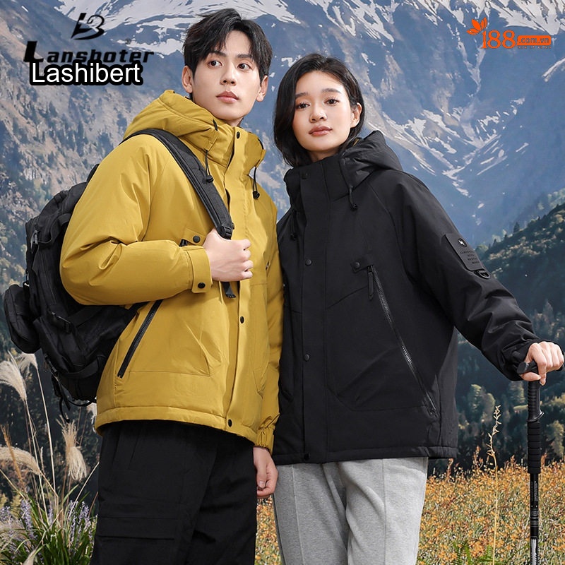 Áo khoác phao dáng rộng có mũ trùm đầu phong cách outdoor cho cặp đôi