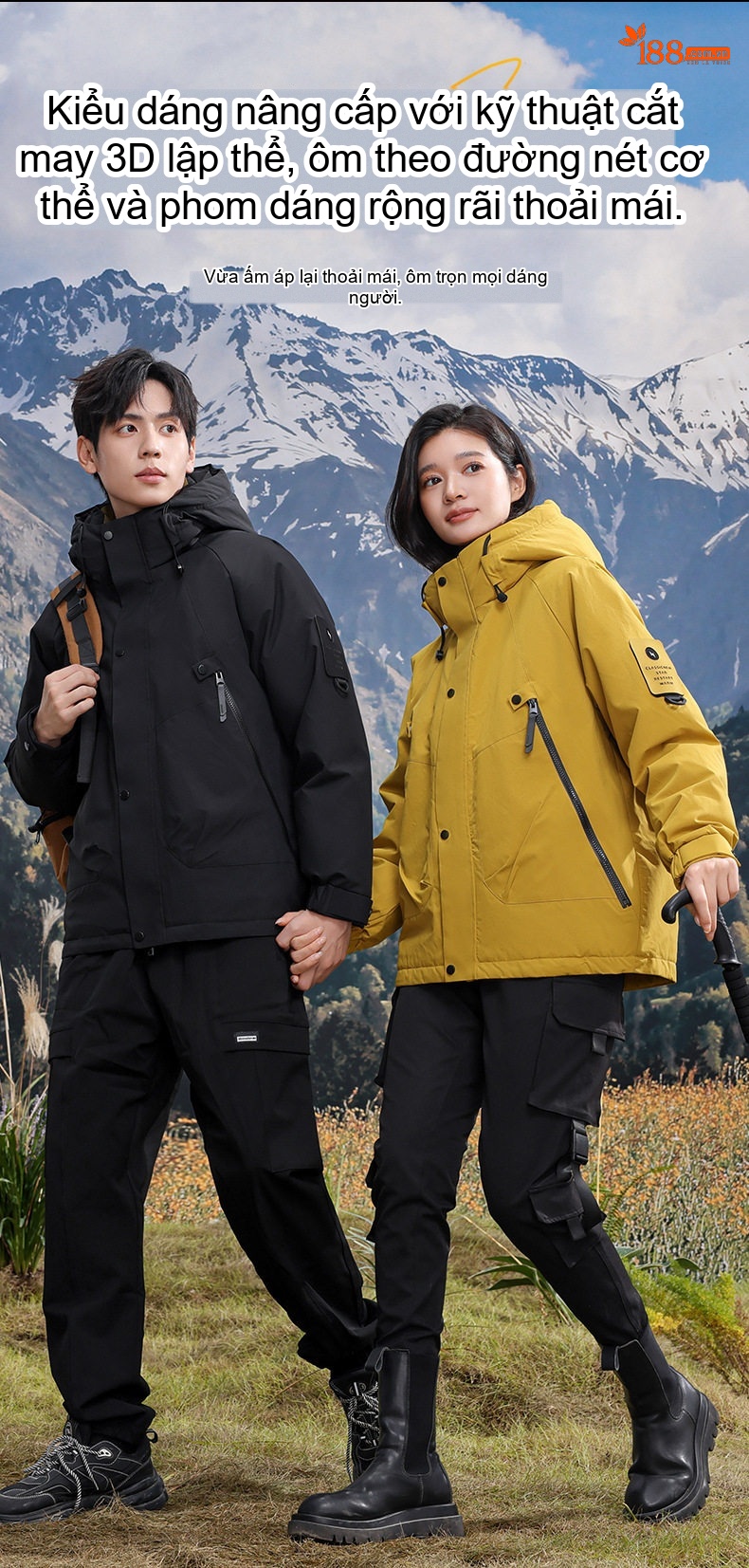 Áo khoác phao dáng rộng có mũ trùm đầu phong cách outdoor cho cặp đôi chi tiết 7