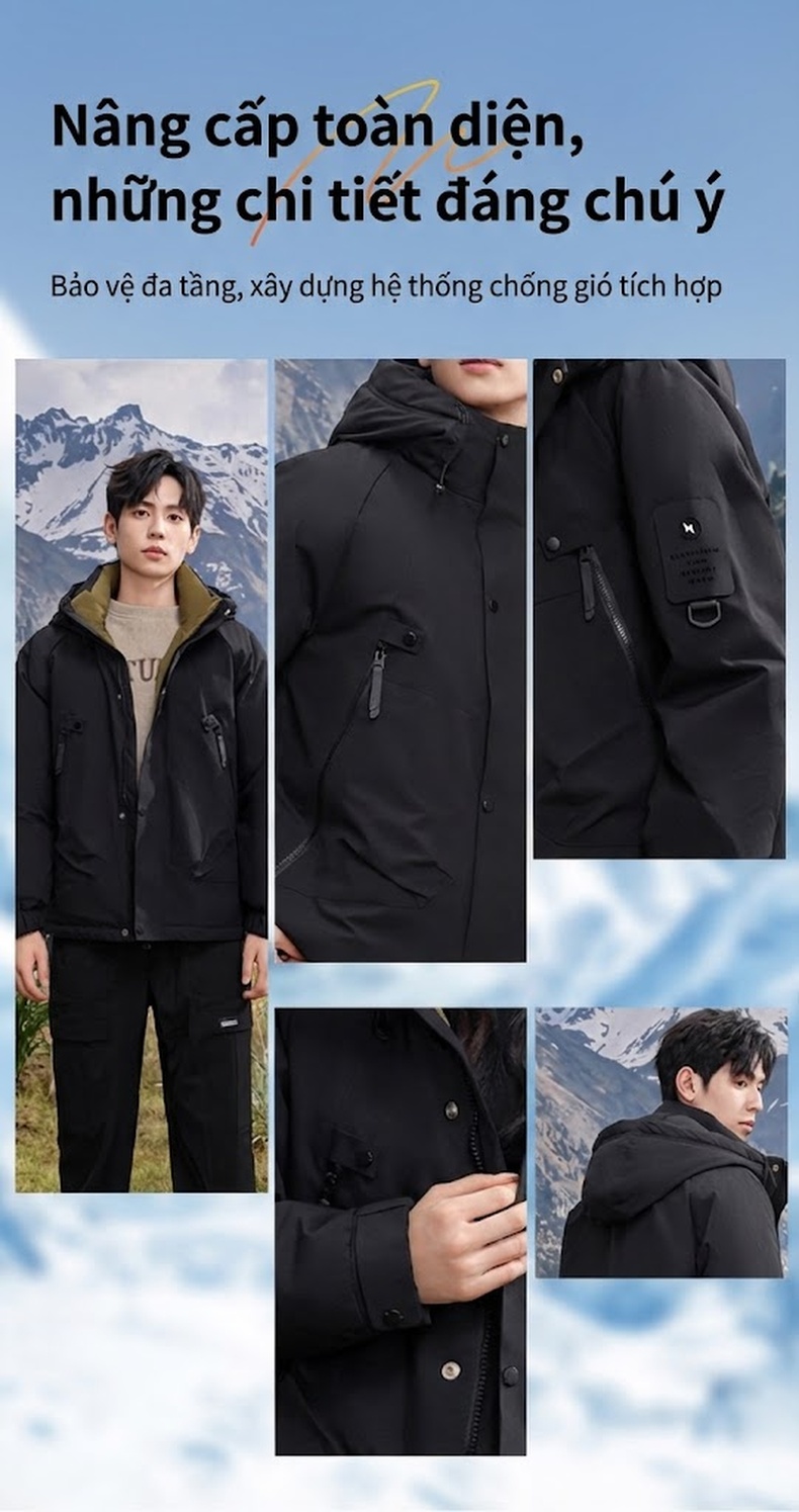 Áo khoác phao dáng rộng có mũ trùm đầu phong cách outdoor cho cặp đôi chi tiết 8