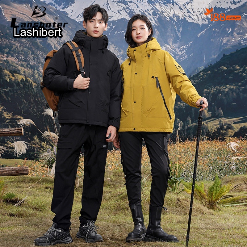 Áo khoác phao dáng rộng có mũ trùm đầu phong cách outdoor cho cặp đôi