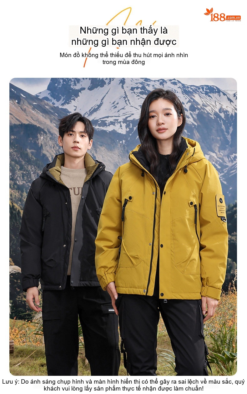 Áo khoác phao dáng rộng có mũ trùm đầu phong cách outdoor cho cặp đôi chi tiết 11