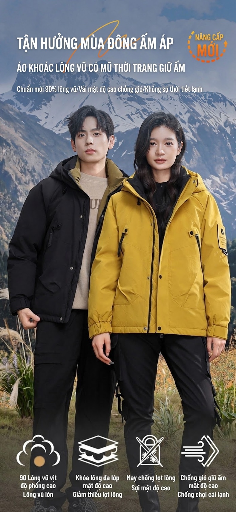 Áo khoác phao dáng rộng có mũ trùm đầu phong cách outdoor cho cặp đôi chi tiết 1