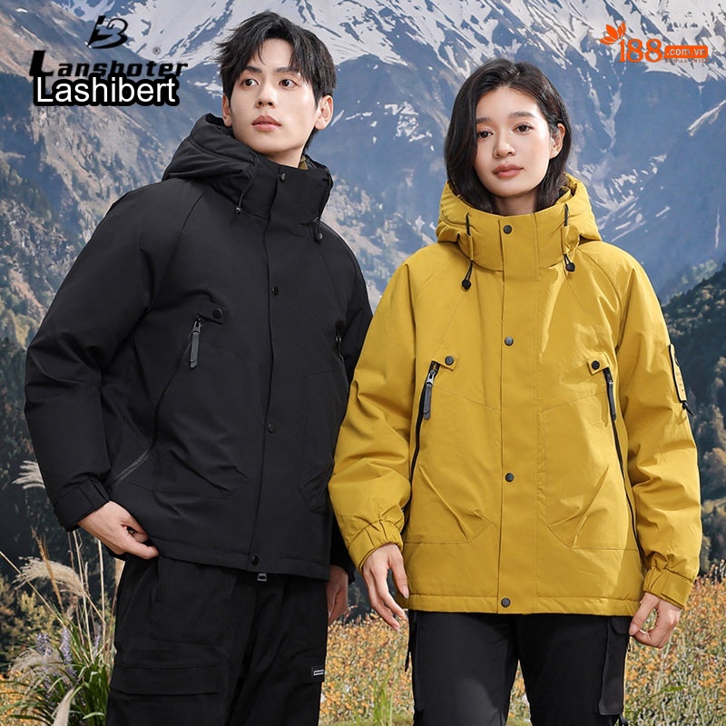 Áo khoác phao dáng rộng có mũ trùm đầu phong cách outdoor cho cặp đôi