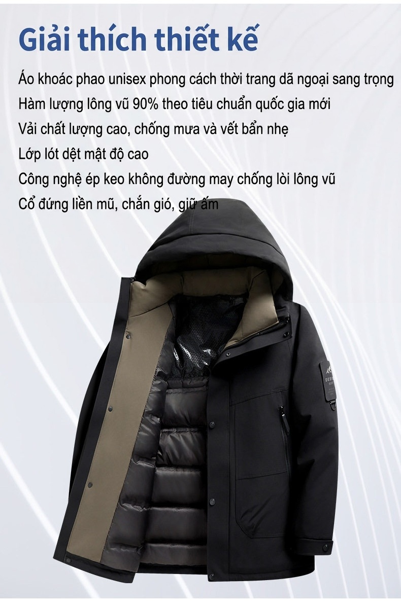 Áo khoác phao lông vũ dáng rộng mũ trùm đầu chống gió cho cặp đôi chi tiết 2