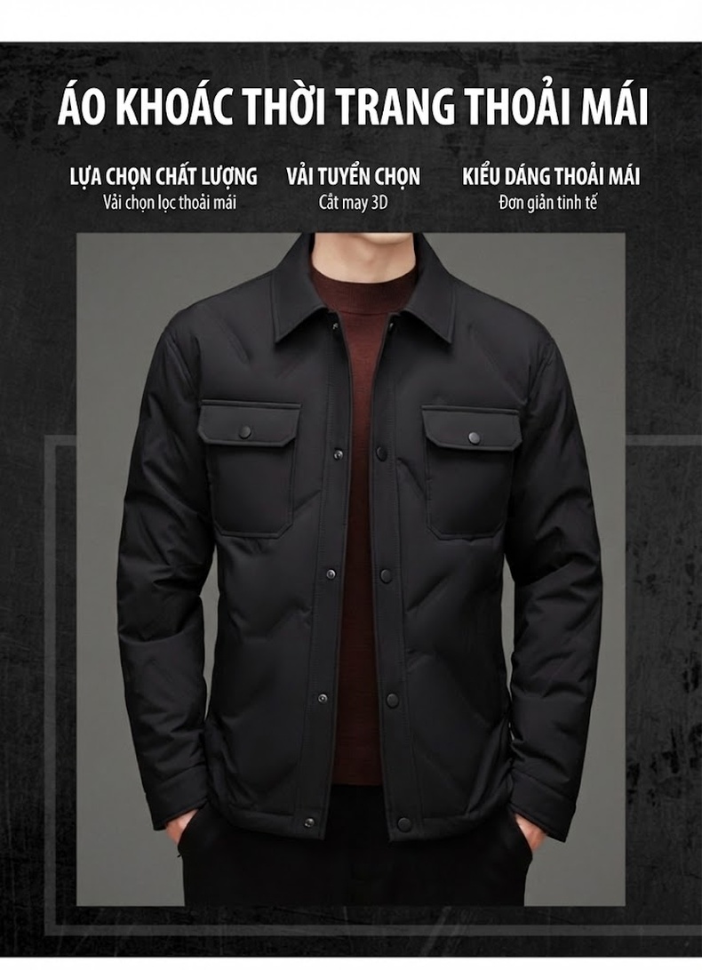 Áo Khoác Phao Lông Vũ Nam Dáng Ngắn Cổ Bẻ Lông Vịt Trắng 90 Giữ Ấm Màu Xám, Xanh Navy, Đen chi tiết 2