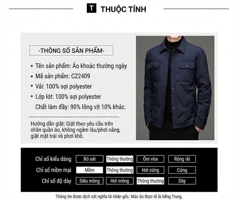 Áo Khoác Phao Lông Vũ Nam Dáng Ngắn Cổ Bẻ Lông Vịt Trắng 90 Giữ Ấm Màu Xám, Xanh Navy, Đen chi tiết 11