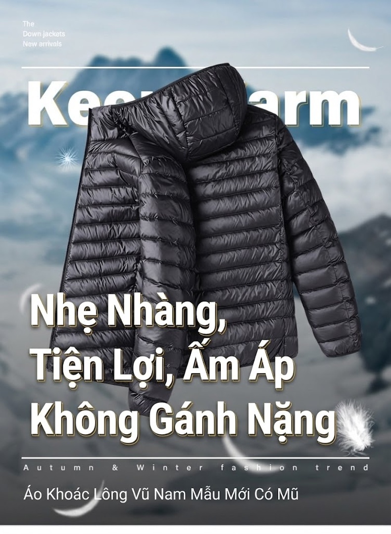 Áo Khoác Phao Lông Vũ Nam Dáng Ngắn Có Mũ Trùm Đầu Mỏng Nhẹ Màu Xám, Đen, Xanh Navy, Đỏ Rượu chi tiết 1