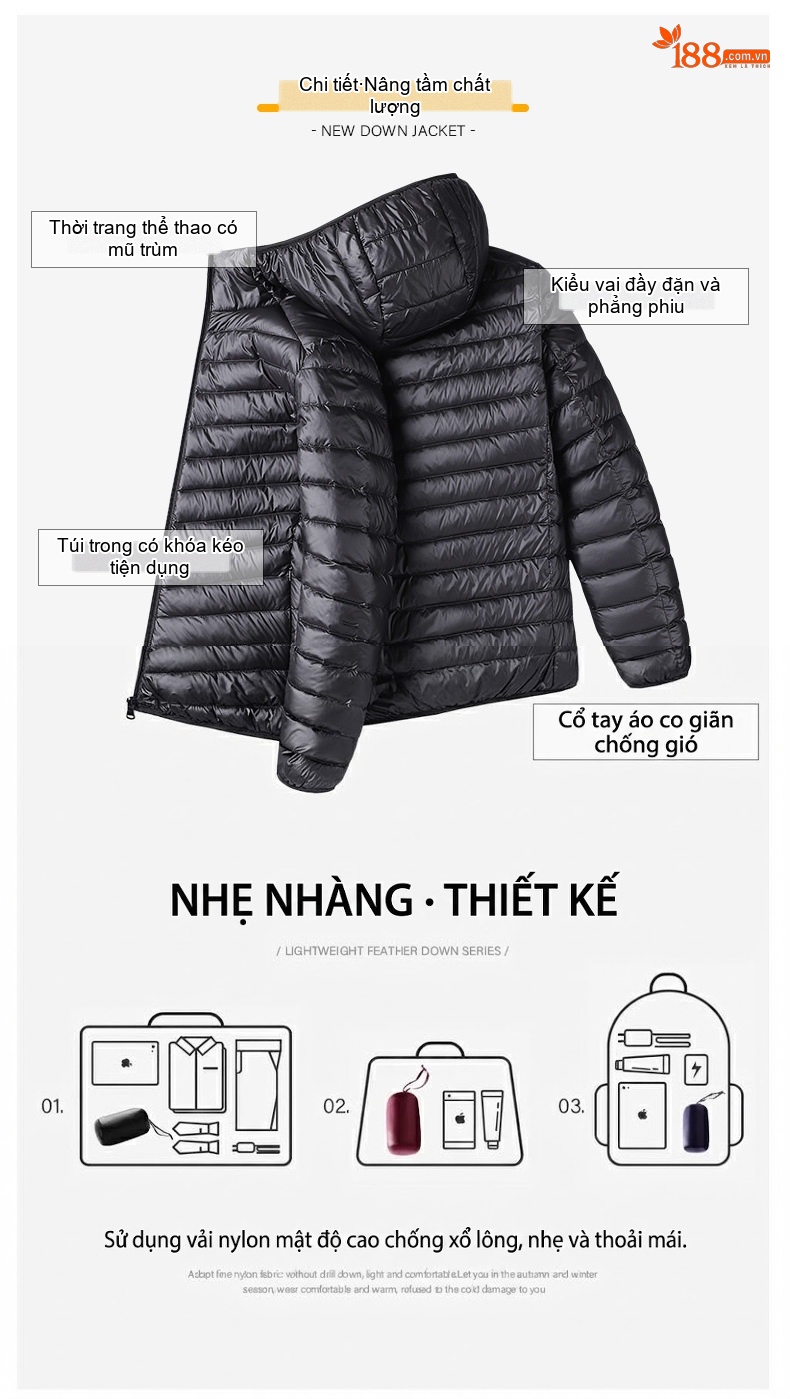 Áo Khoác Phao Lông Vũ Nam Dáng Ngắn Có Mũ Trùm Đầu Mỏng Nhẹ Màu Xám, Đen, Xanh Navy, Đỏ Rượu chi tiết 3