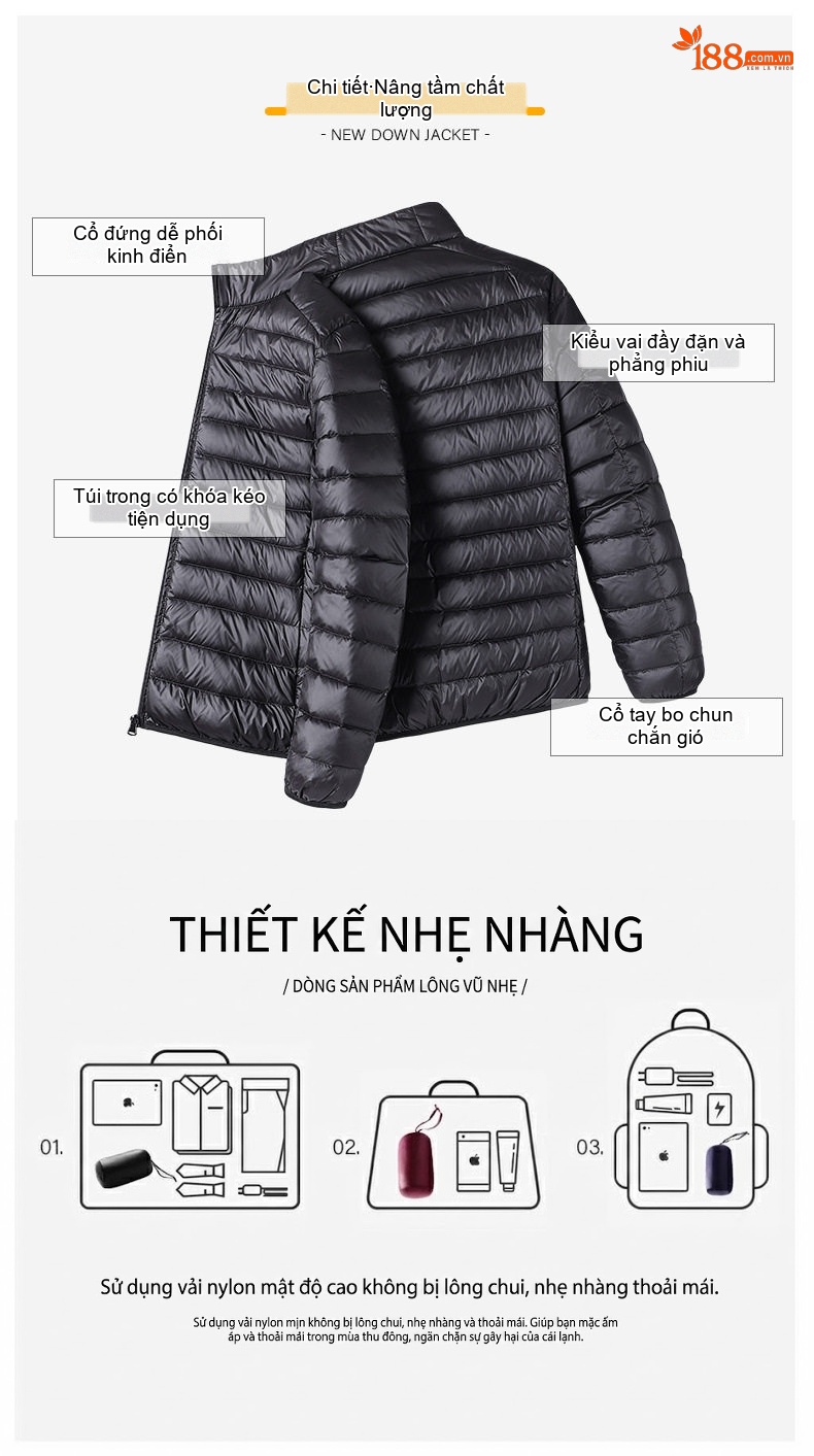 Áo Khoác Phao Lông Vũ Nam Dáng Ngắn Có Mũ Trùm Đầu Mỏng Nhẹ Màu Xám, Đen, Xanh Navy, Đỏ Rượu chi tiết 22