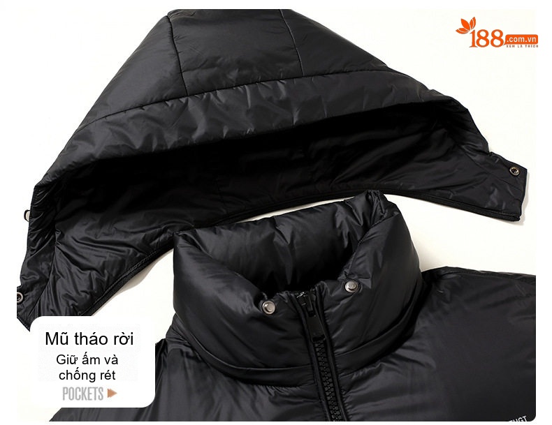 Áo Khoác Phao Lông Vũ Nam Nữ Dáng Rộng Mũ Trùm Đầu Có Thể Tháo Rời Màu Đen, Xanh Olive chi tiết 7