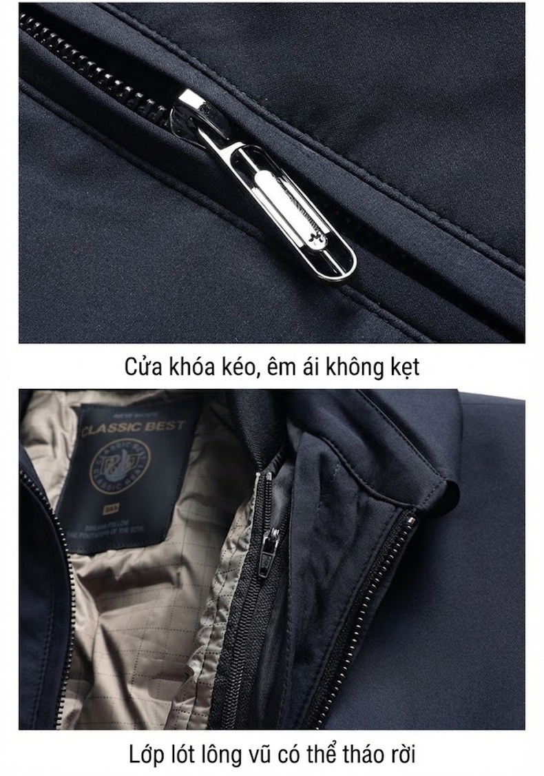 Áo Khoác Phao Lông Vũ Nam Trung Niên Chất Liệu Vải Sữa Tơ Có Thể Tháo Rời Màu Xanh Navy chi tiết 19