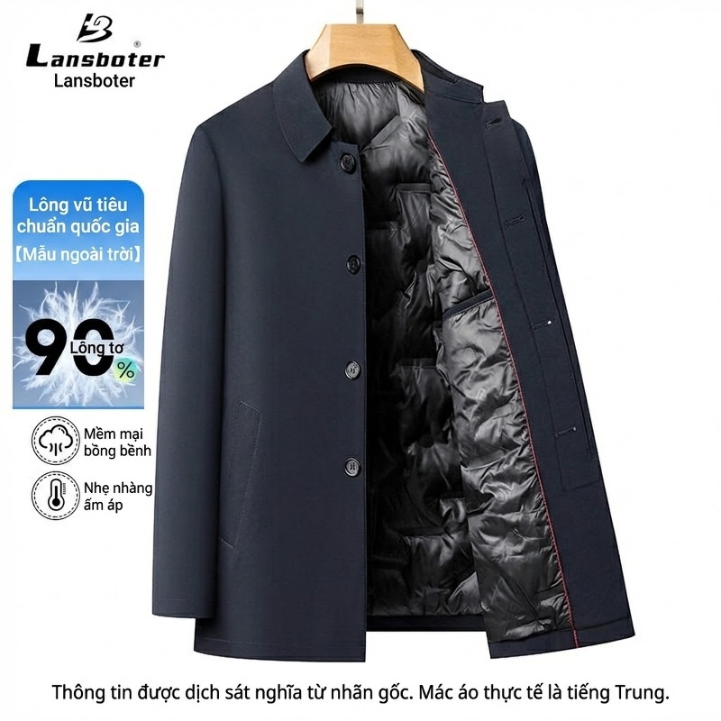 Áo Khoác Phao Lông Vũ Nam Trung Niên Cổ Bẻ Kiểu Dáng Áo Vest Dáng Dài Màu Xanh Navy