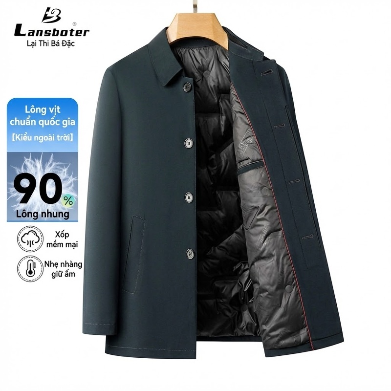 Áo Khoác Phao Lông Vũ Nam Trung Niên Cổ Bẻ Kiểu Dáng Áo Vest Dáng Dài Màu Xanh Navy