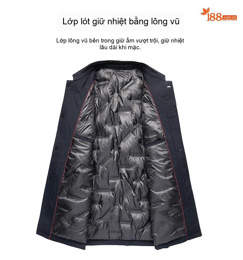 Áo Khoác Phao Lông Vũ Nam Trung Niên Cổ Bẻ Kiểu Dáng Áo Vest Dáng Dài Màu Xanh Navy chi tiết 6
