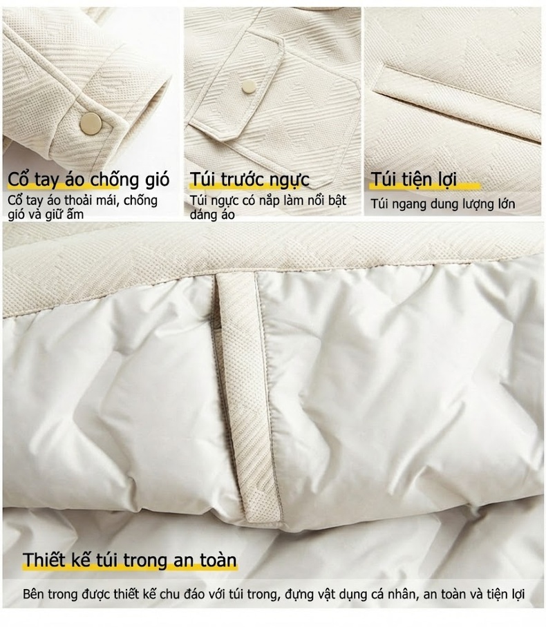 Áo Khoác Phao Nam 50 Lông Vịt Kiểu Dáng Áo Sơ Mi Cổ Bẻ Rộng Rãi Phong Cách Hàn Quốc Màu Trắng Kem, Đen, Xanh Lá chi tiết 2
