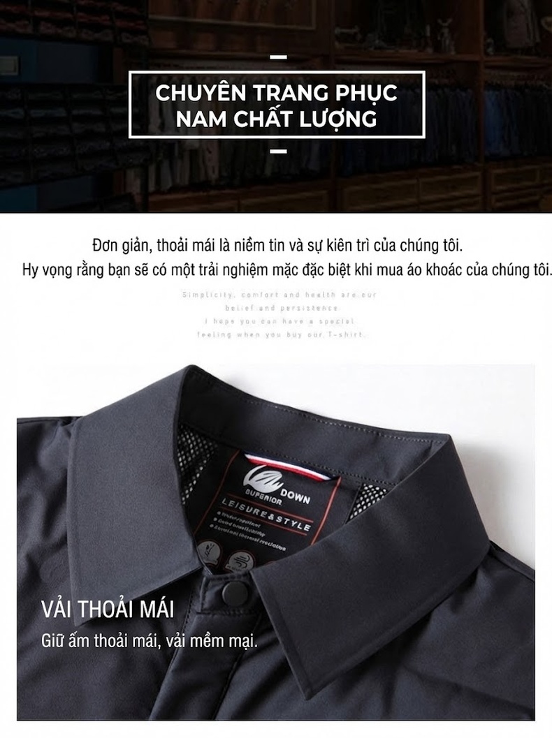 Áo Khoác Phao Nam 90% Lông Vịt Trắng Dáng Sơ Mi Giữ Ấm Màu Đen chi tiết 5